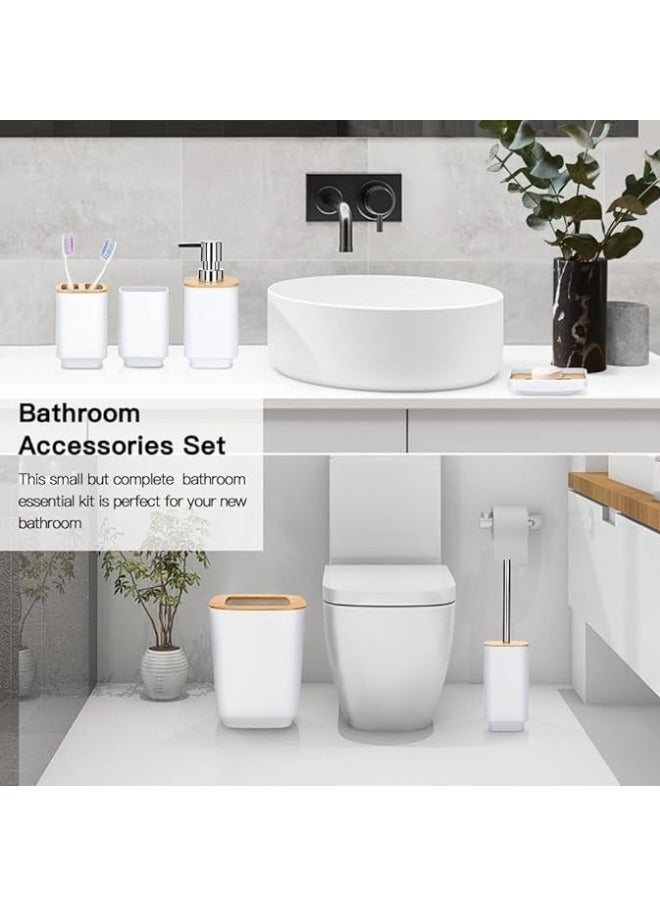 مجموعة اكسسوارات حمام عصرية مكونة من 6 قطع ، سلة مهملات وحامل فرش أسنان وموزع صابون باللون الأبيض والخشبي الطبيعي (أبيض) - Image 2