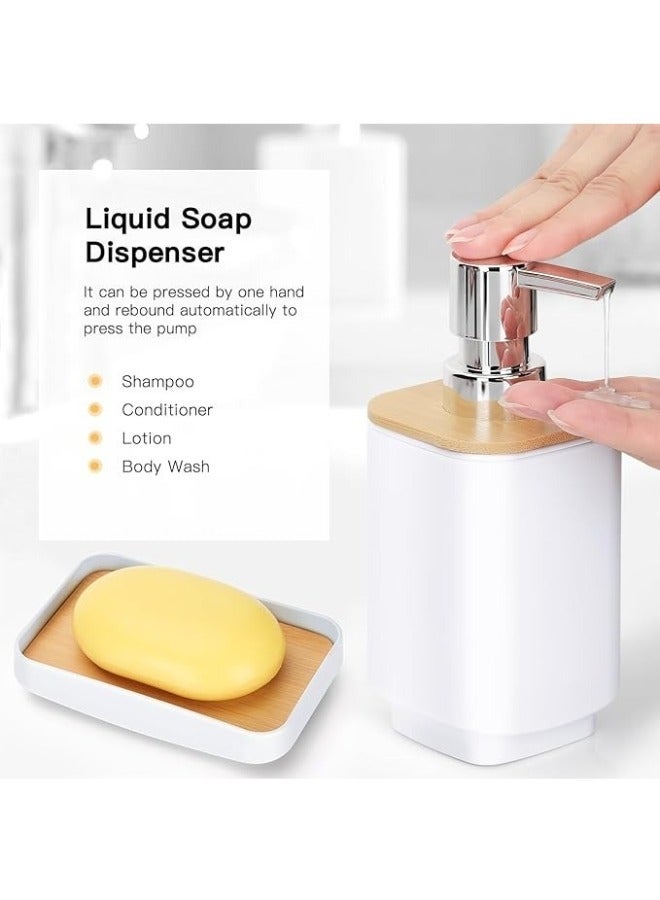 مجموعة اكسسوارات حمام عصرية مكونة من 6 قطع ، سلة مهملات وحامل فرش أسنان وموزع صابون باللون الأبيض والخشبي الطبيعي (أبيض) - Image 3