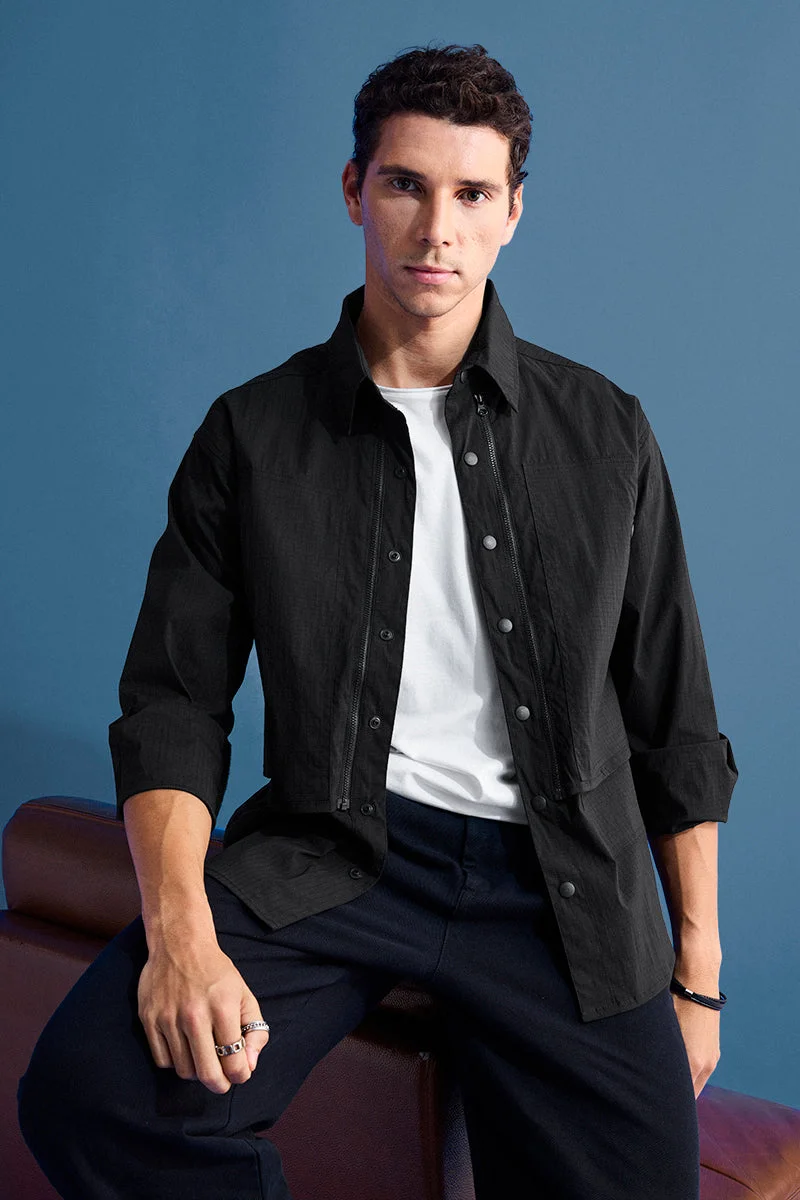 SNITCH Black Solid Long Sleeve Relaxed Overshirt