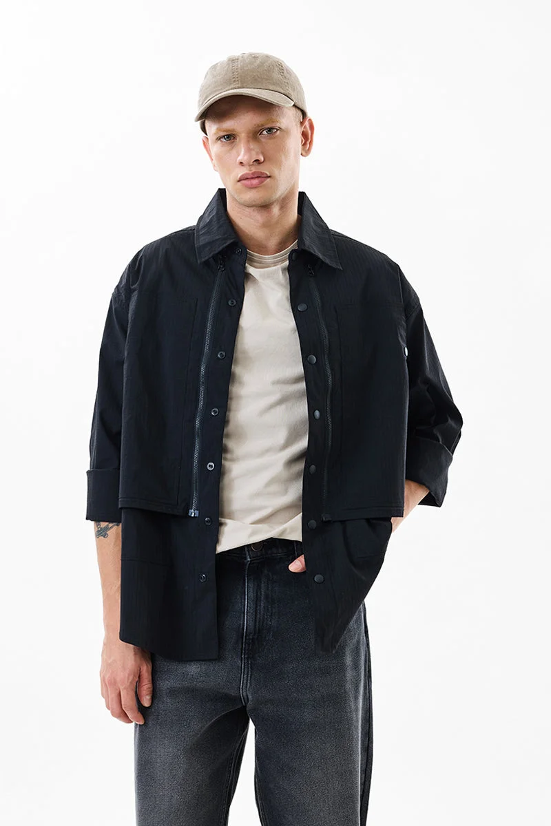 SNITCH Black Solid Long Sleeve Relaxed Overshirt