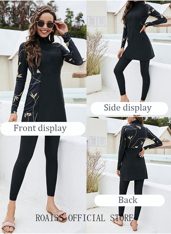 roaiss 2-Piece Women Conservative Swimsuit Set Muslim Floral Pattern Sun Protection Swimwear Ladies Skirt Bikini Arab Dress Beachwear Long Sleeve Swimsuit Dress and Long Pants Swimwear Black/Gold  - Image 5