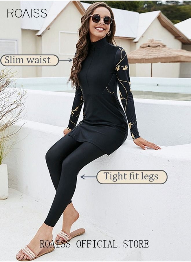 roaiss 2-Piece Women Conservative Swimsuit Set Muslim Floral Pattern Sun Protection Swimwear Ladies Skirt Bikini Arab Dress Beachwear Long Sleeve Swimsuit Dress and Long Pants Swimwear Black/Gold  - Image 4