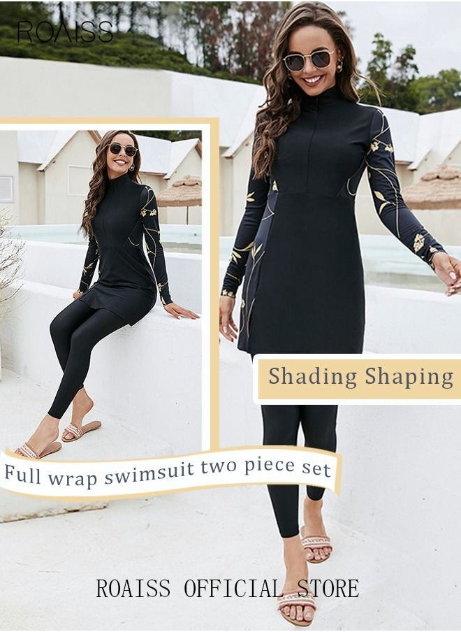roaiss 2-Piece Women Conservative Swimsuit Set Muslim Floral Pattern Sun Protection Swimwear Ladies Skirt Bikini Arab Dress Beachwear Long Sleeve Swimsuit Dress and Long Pants Swimwear Black/Gold  - Image 2