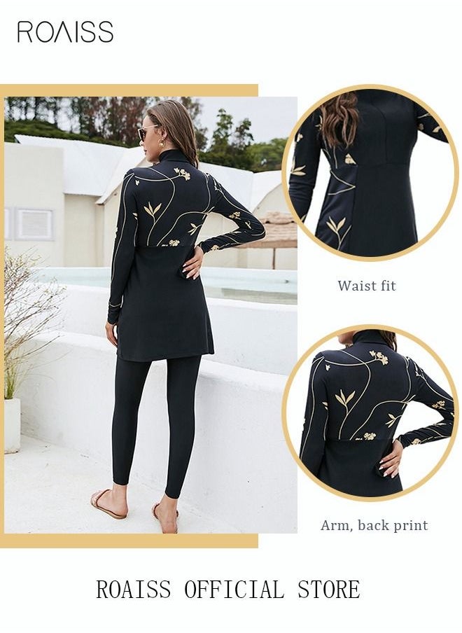 roaiss 2-Piece Women Conservative Swimsuit Set Muslim Floral Pattern Sun Protection Swimwear Ladies Skirt Bikini Arab Dress Beachwear Long Sleeve Swimsuit Dress and Long Pants Swimwear Black/Gold  - Image 3