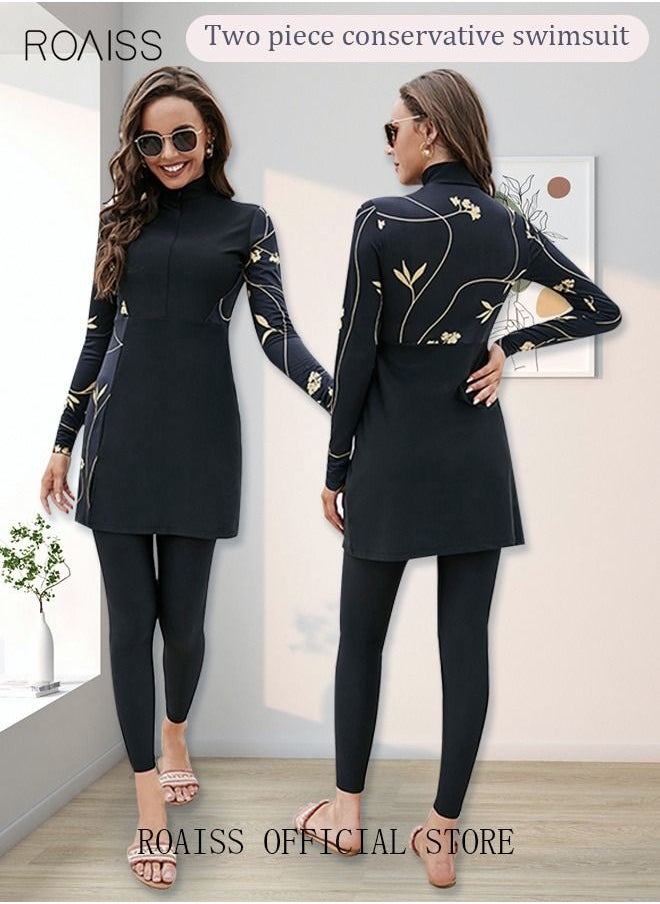 roaiss 2-Piece Women Conservative Swimsuit Set Muslim Floral Pattern Sun Protection Swimwear Ladies Skirt Bikini Arab Dress Beachwear Long Sleeve Swimsuit Dress and Long Pants Swimwear Black/Gold  - Image 1
