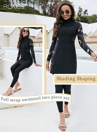 2-Piece Women Conservative Swimsuit Set Muslim Floral Pattern Sun Protection Swimwear Ladies Skirt Bikini Arab Dress Beachwear Long Sleeve Swimsuit Dress and Long Pants Swimwear Black/Gold - view 2