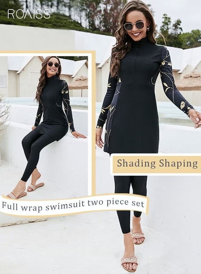 roaiss 2-Piece Women Conservative Swimsuit Set Muslim Floral Pattern Sun Protection Swimwear Ladies Skirt Bikini Arab Dress Beachwear Long Sleeve Swimsuit Dress and Long Pants Swimwear Black/Gold - Image 2