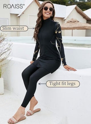2-Piece Women Conservative Swimsuit Set Muslim Floral Pattern Sun Protection Swimwear Ladies Skirt Bikini Arab Dress Beachwear Long Sleeve Swimsuit Dress and Long Pants Swimwear Black/Gold - view 4