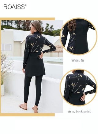 2-Piece Women Conservative Swimsuit Set Muslim Floral Pattern Sun Protection Swimwear Ladies Skirt Bikini Arab Dress Beachwear Long Sleeve Swimsuit Dress and Long Pants Swimwear Black/Gold - view 3