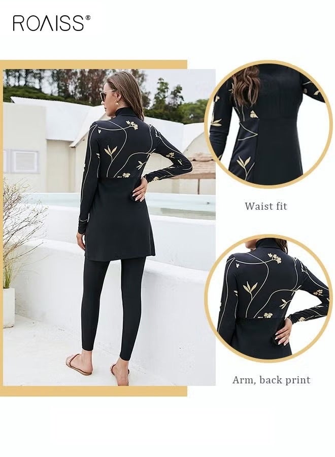 roaiss 2-Piece Women Conservative Swimsuit Set Muslim Floral Pattern Sun Protection Swimwear Ladies Skirt Bikini Arab Dress Beachwear Long Sleeve Swimsuit Dress and Long Pants Swimwear Black/Gold - Image 3
