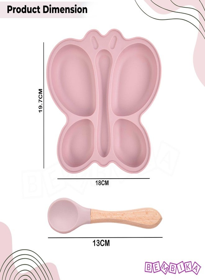 Bembika Baby Feeding Essential Baby Dinner Set Silicone Tableware Set for Baby Infant Training Eating Utensils Butterfly Design - (Pack of 2)(Pink) - Image 3
