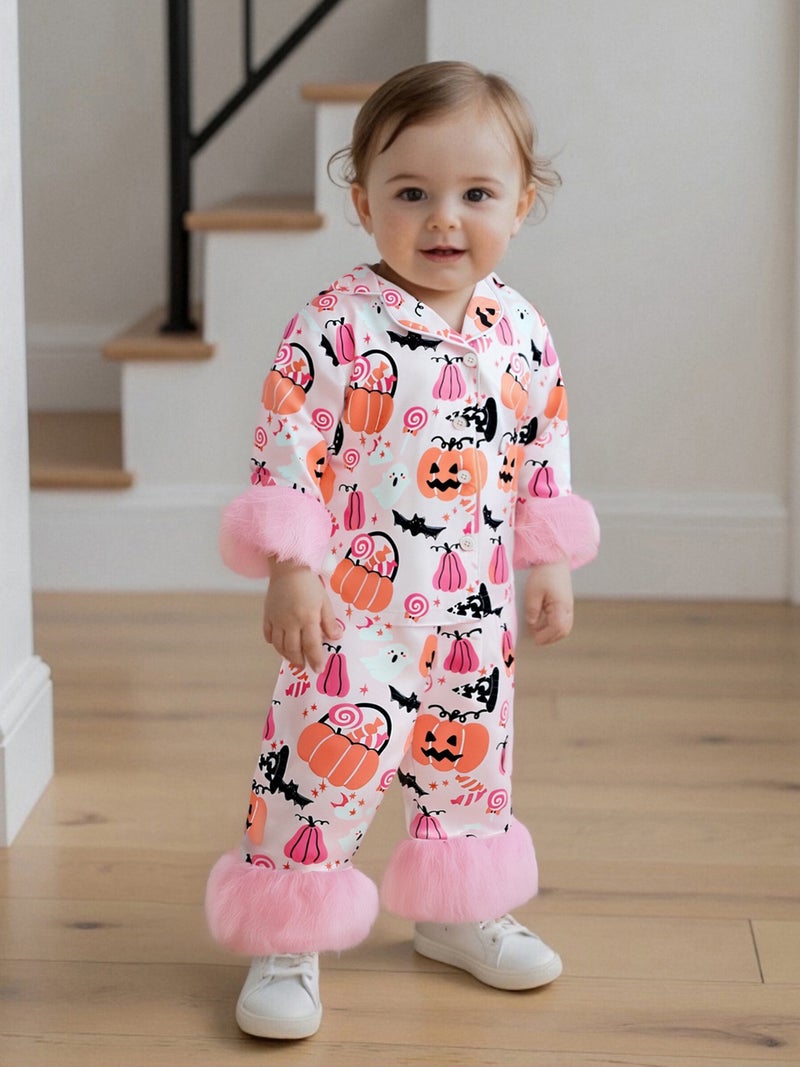 Baby Girls Halloween Pajamas Set Feather Cuffs Pumpkin Print Button up Shirt and Elastic Pants for Loungewear - Image 3