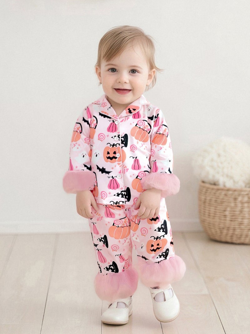 Baby Girls Halloween Pajamas Set Feather Cuffs Pumpkin Print Button up Shirt and Elastic Pants for Loungewear - Image 4