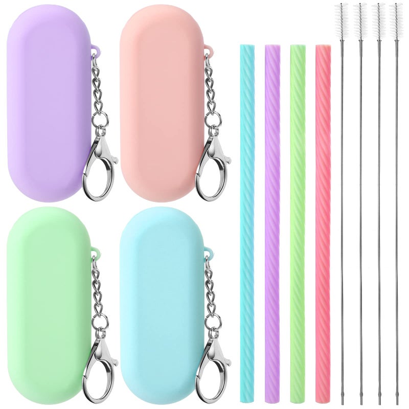 Meanplan 4 Set Silicone Straws with Case Reusable Straws Silicone Foldable Portable Drinking Straw Set for Party Travel Cold or Hot Straw with 4 Carry Case  4 Cleaning Brushes 7 5/7 Inch Long (Classic Color) - Image 1