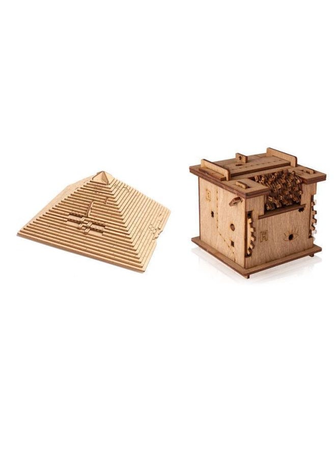 Pyramid Code Lock Wooden Unlock Box Level 10 Difficulty Brain Burning Toy Palace Bamboo Waiter Tray-Color:Pyramid + Escape Room  - Image 1