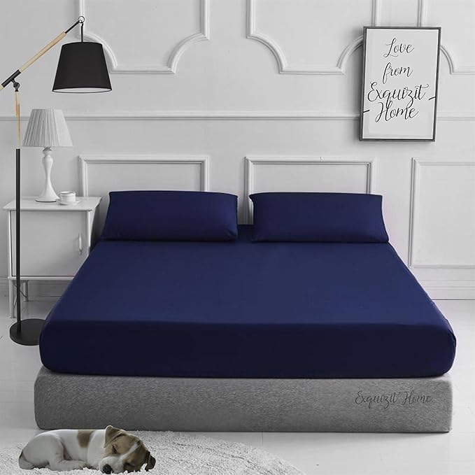 Luxury Navy Blue Fitted Bed Sheet Set size 180 cm *200 cm *30cm – 3 Pieces (1 Elastic Bed Sheet + 2 Pillowcases), Soft Breathable Fabric, Wrinkle-Free, Elegant Design for Bed