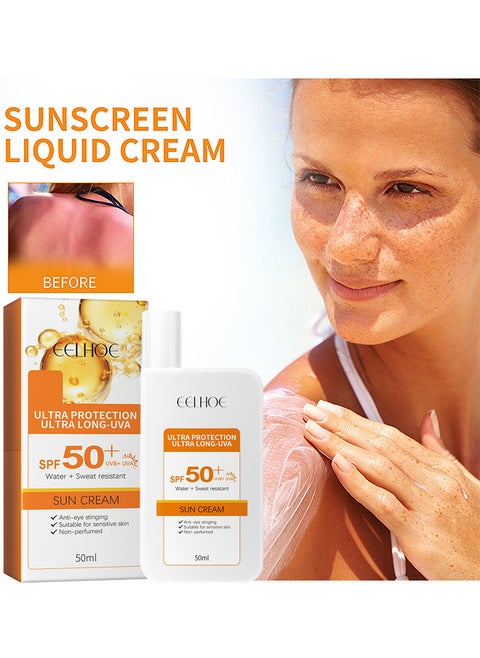 Sunscreen Liquid Cream, Sunscreen Skin Care Waterproof Strong UV Protection Hydrating Cream SPF 50+ PA++++ 50ML For Women Men
