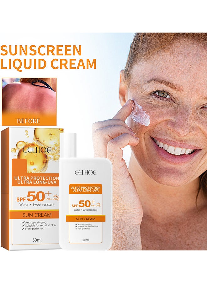 Sunscreen Liquid Cream, Sunscreen Skin Care Waterproof Strong UV Protection Hydrating Cream SPF 50+ PA++++ 50ML For Women Men