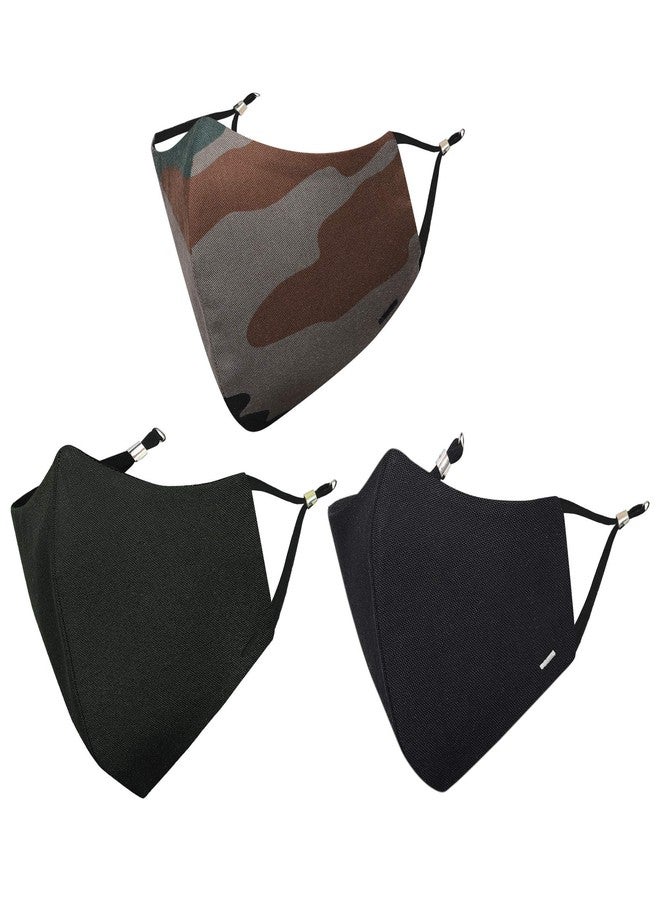 MASQ By Q-One Camouflage 4 Layer, Reusable, with Ear Adjusters, Anti-Bacterial (BFE>99%) Cotton Cloth Face Mask for Men, Boys (Large, Black-Green-Camouflage, Pack of 3), Without Valve - Image 1