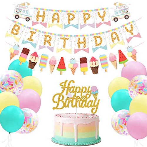Marwey Ice Cream Birthday Banner and Cake Topper Summer Colorful Ice Cream Themed Kids Birthday Party Supplies - Image 1