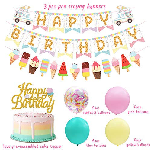 Marwey Ice Cream Birthday Banner and Cake Topper Summer Colorful Ice Cream Themed Kids Birthday Party Supplies - Image 3