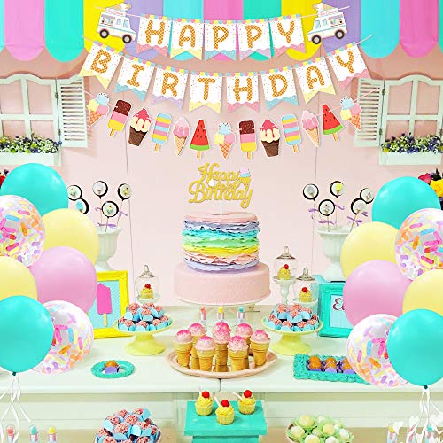 Marwey Ice Cream Birthday Banner and Cake Topper Summer Colorful Ice Cream Themed Kids Birthday Party Supplies - Image 5
