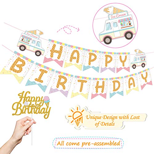 Marwey Ice Cream Birthday Banner and Cake Topper Summer Colorful Ice Cream Themed Kids Birthday Party Supplies - Image 2
