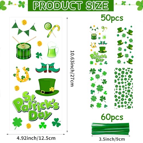 ZYLOP St. Patricks Cellophane Treat Bags – 50 Pack Green Shamrock Goodie Gift Bags with Twist Ties, 5×11 Inch Clear St. Patricks Candy Cookie Bags for St. Patrick Day Irish Party, Classroom, Holiday Favors - Image 2