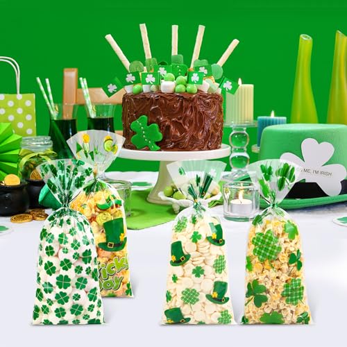 ZYLOP St. Patricks Cellophane Treat Bags – 50 Pack Green Shamrock Goodie Gift Bags with Twist Ties, 5×11 Inch Clear St. Patricks Candy Cookie Bags for St. Patrick Day Irish Party, Classroom, Holiday Favors - Image 3