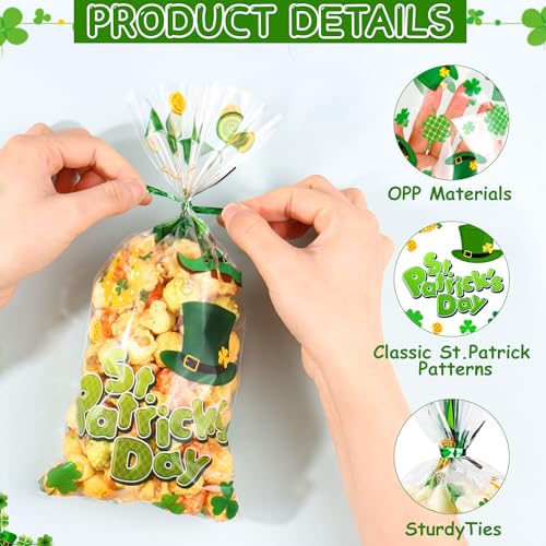 ZYLOP St. Patricks Cellophane Treat Bags – 50 Pack Green Shamrock Goodie Gift Bags with Twist Ties, 5×11 Inch Clear St. Patricks Candy Cookie Bags for St. Patrick Day Irish Party, Classroom, Holiday Favors - Image 4