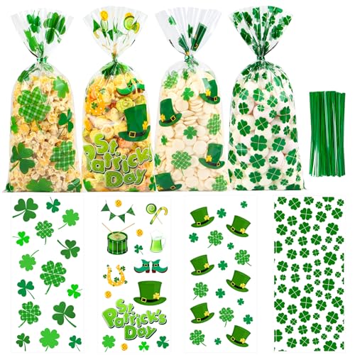 ZYLOP St. Patricks Cellophane Treat Bags – 50 Pack Green Shamrock Goodie Gift Bags with Twist Ties, 5×11 Inch Clear St. Patricks Candy Cookie Bags for St. Patrick Day Irish Party, Classroom, Holiday Favors - Image 1