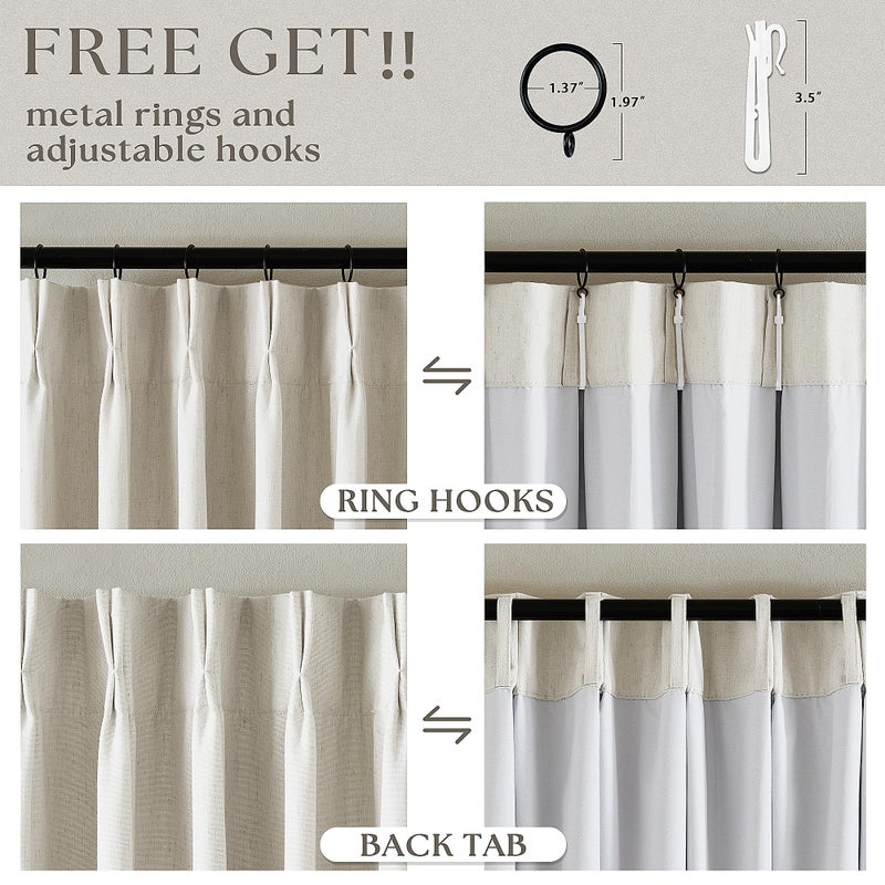 TWODRAPES Natural Blackout Linen Curtains 96 Inch Length 60 Inch Wide for Sliding Door Pinch Pleated Back Tab Black Out Drapes Farmhouse Rustic Room Darkening Window Curtain Bedroom 96 Inches Long 1 Panel - Image 5