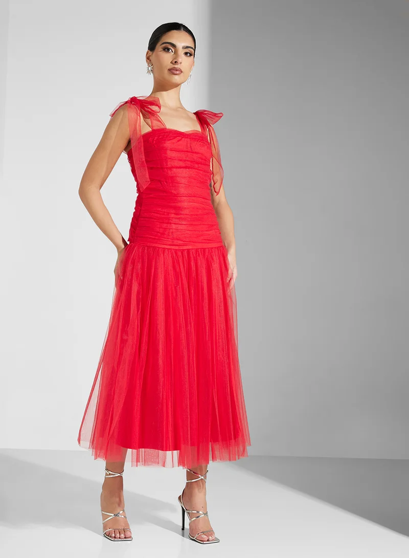 Lace and Beads Tulle Bow Midi Dress