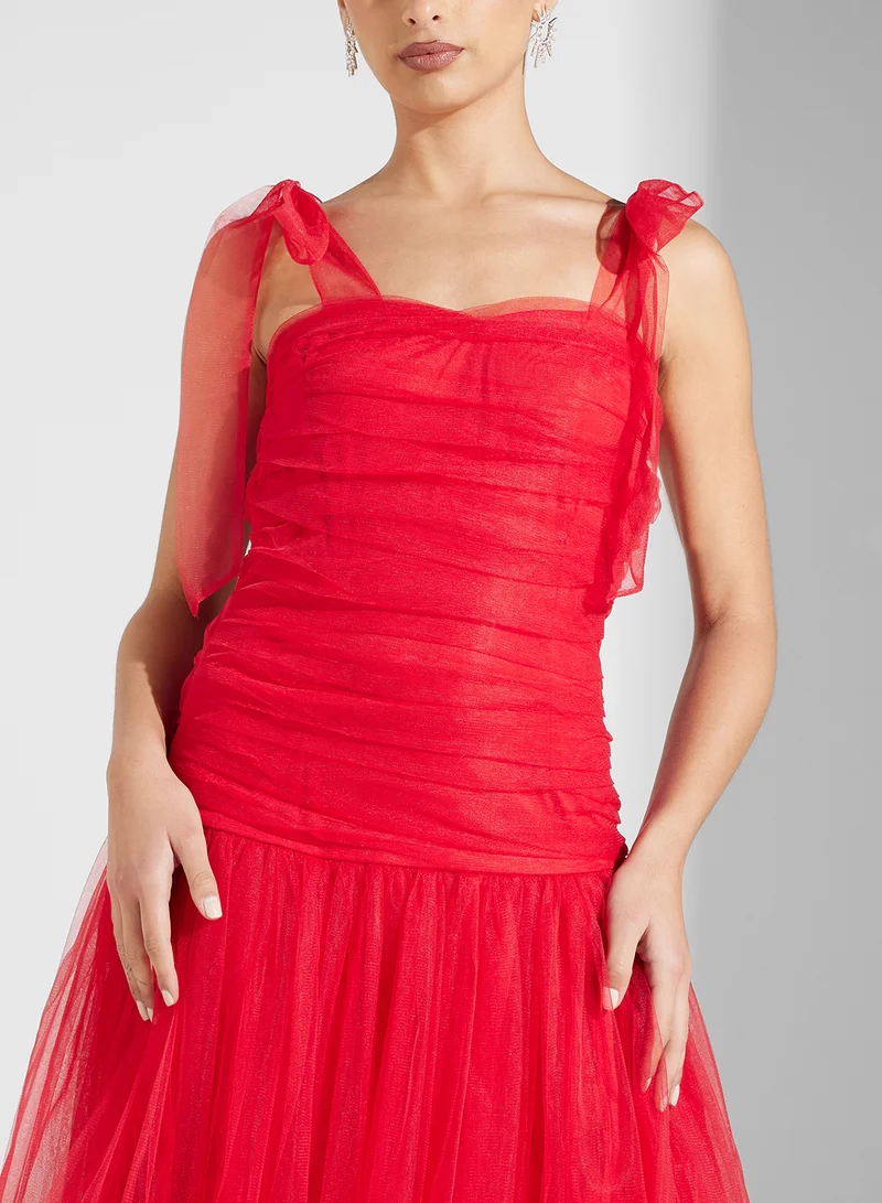 Lace and Beads Tulle Bow Midi Dress