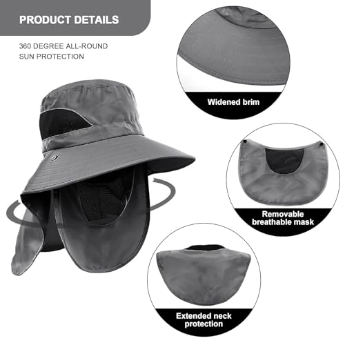 Oligitdi Outdoor Sun Hat with Mesh Neck Cover Beach Fishing Hat, Summer Hat for Men, Round Sun Cap for Hiking, Fishing, Gardning, Travel, Grey (in, Alpha, Free Size, Grey) - Image 4