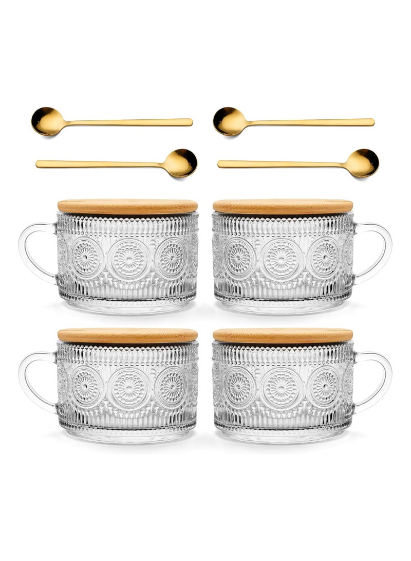 FASHION HOME 4pcs Set Vintage Embossed Clear Coffee Mugs with Bamboo Lid and Spoon 14oz Glass Tea Cups Glassware Gifts Overnight Oats Containers 14oz  - Image 1