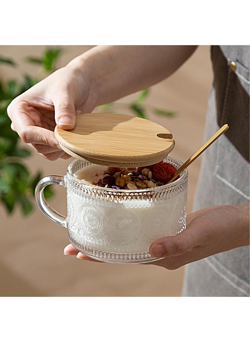 FASHION HOME 4pcs Set Vintage Embossed Clear Coffee Mugs with Bamboo Lid and Spoon 14oz Glass Tea Cups Glassware Gifts Overnight Oats Containers 14oz  - Image 2