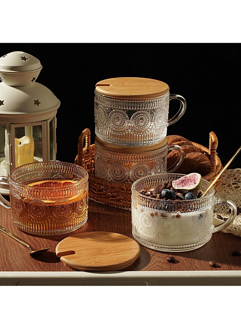 FASHION HOME 4pcs Set Vintage Embossed Clear Coffee Mugs with Bamboo Lid and Spoon 14oz Glass Tea Cups Glassware Gifts Overnight Oats Containers 14oz  - Image 3