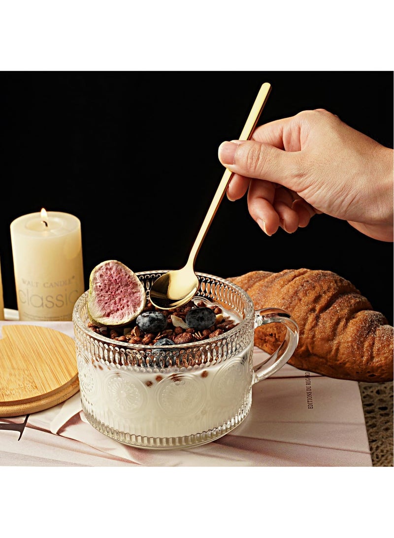 FASHION HOME 4pcs Set Vintage Embossed Clear Coffee Mugs with Bamboo Lid and Spoon 14oz Glass Tea Cups Glassware Gifts Overnight Oats Containers 14oz  - Image 4