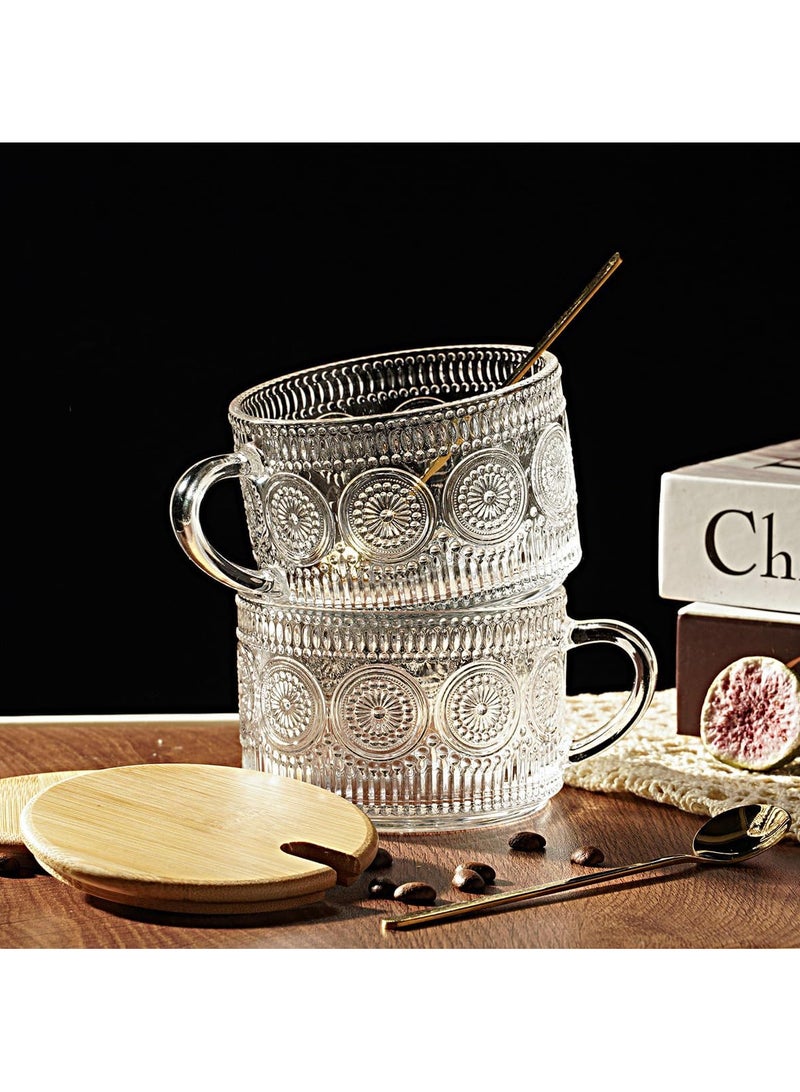 FASHION HOME 4pcs Set Vintage Embossed Clear Coffee Mugs with Bamboo Lid and Spoon 14oz Glass Tea Cups Glassware Gifts Overnight Oats Containers 14oz  - Image 5