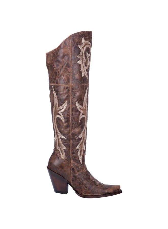 Dan Post Womens Jilted Embroidery Snip Toe Dress Boots Over the Knee High Heel 3" & Up - Brown - Size 9 M - Image 1