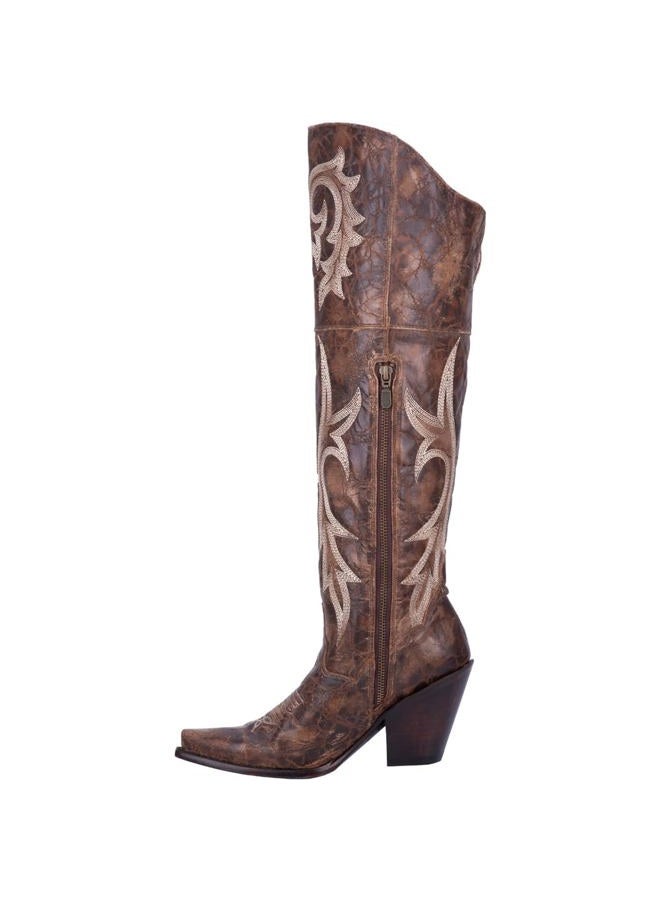Dan Post Womens Jilted Embroidery Snip Toe Dress Boots Over the Knee High Heel 3" & Up - Brown - Size 9 M - Image 3