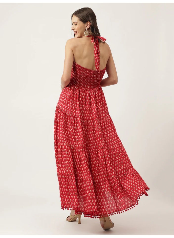 Red Hand Block Printed Pure Cotton Halter Neck Tiered Dress with Strappy Back Tie - Image 2