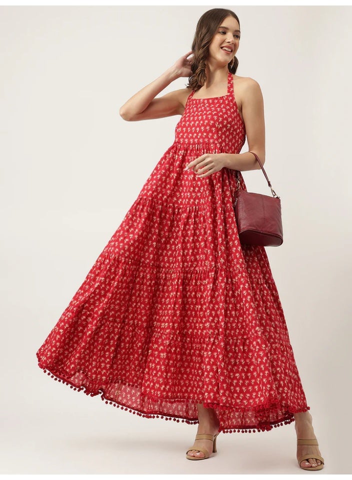 Red Hand Block Printed Pure Cotton Halter Neck Tiered Dress with Strappy Back Tie - Image 1