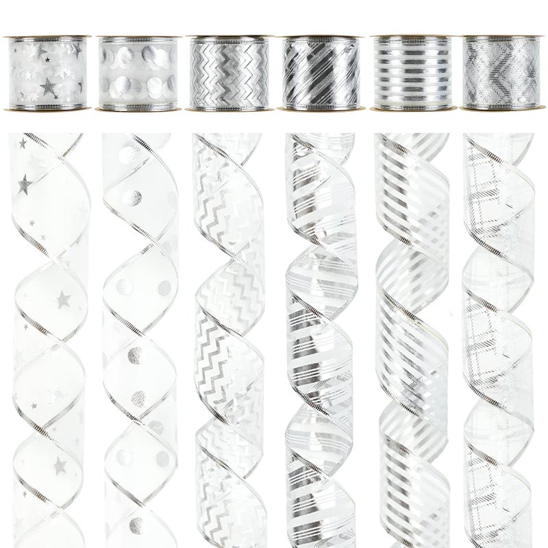 MEEDEE Silver Wired Ribbon for Christmas Tree Decoration  25 Inch 6 Rolls 36 Yards  Garland Set for Topper and Bow Making