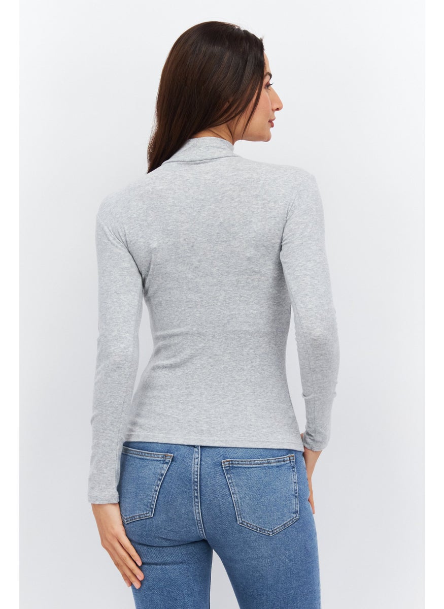 Etam - Women Mock Neck Long Sleeve Heather Top, Grey - Image 1