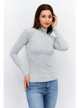 Women Mock Neck Long Sleeve Heather Top, Grey