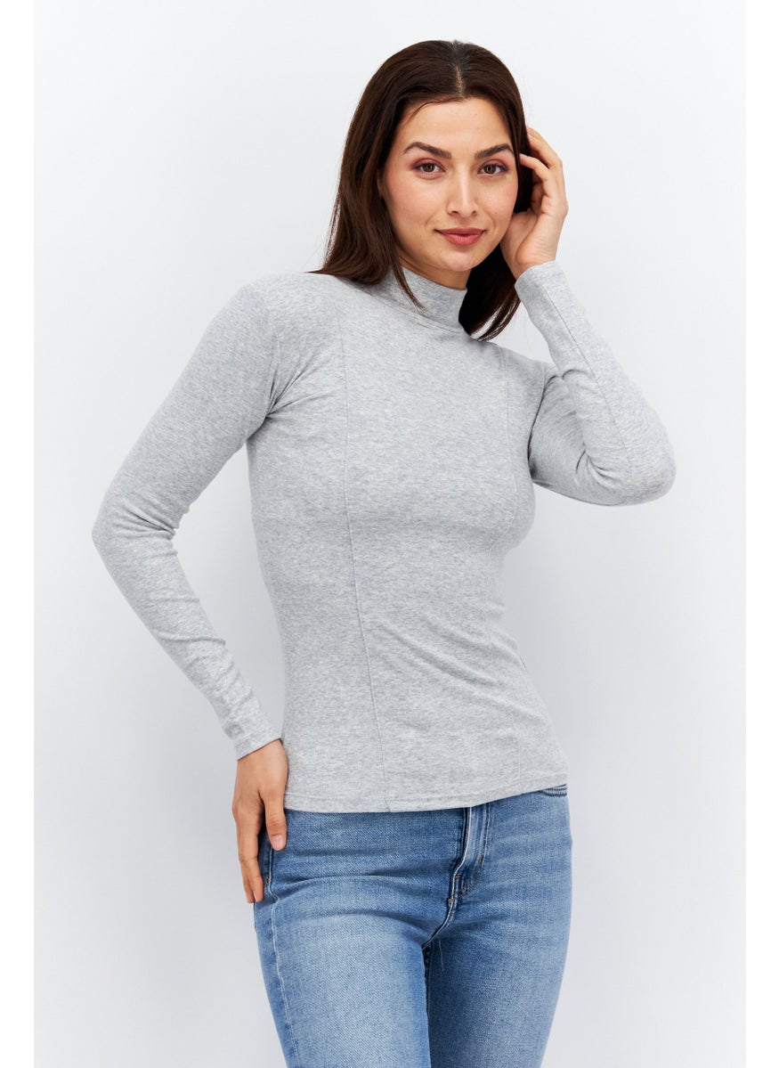 Etam - Women Mock Neck Long Sleeve Heather Top, Grey - Image 1