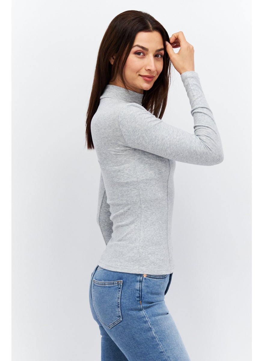 Etam - Women Mock Neck Long Sleeve Heather Top, Grey - Image 1