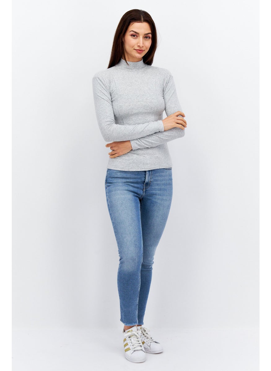 Etam - Women Mock Neck Long Sleeve Heather Top, Grey - Image 1